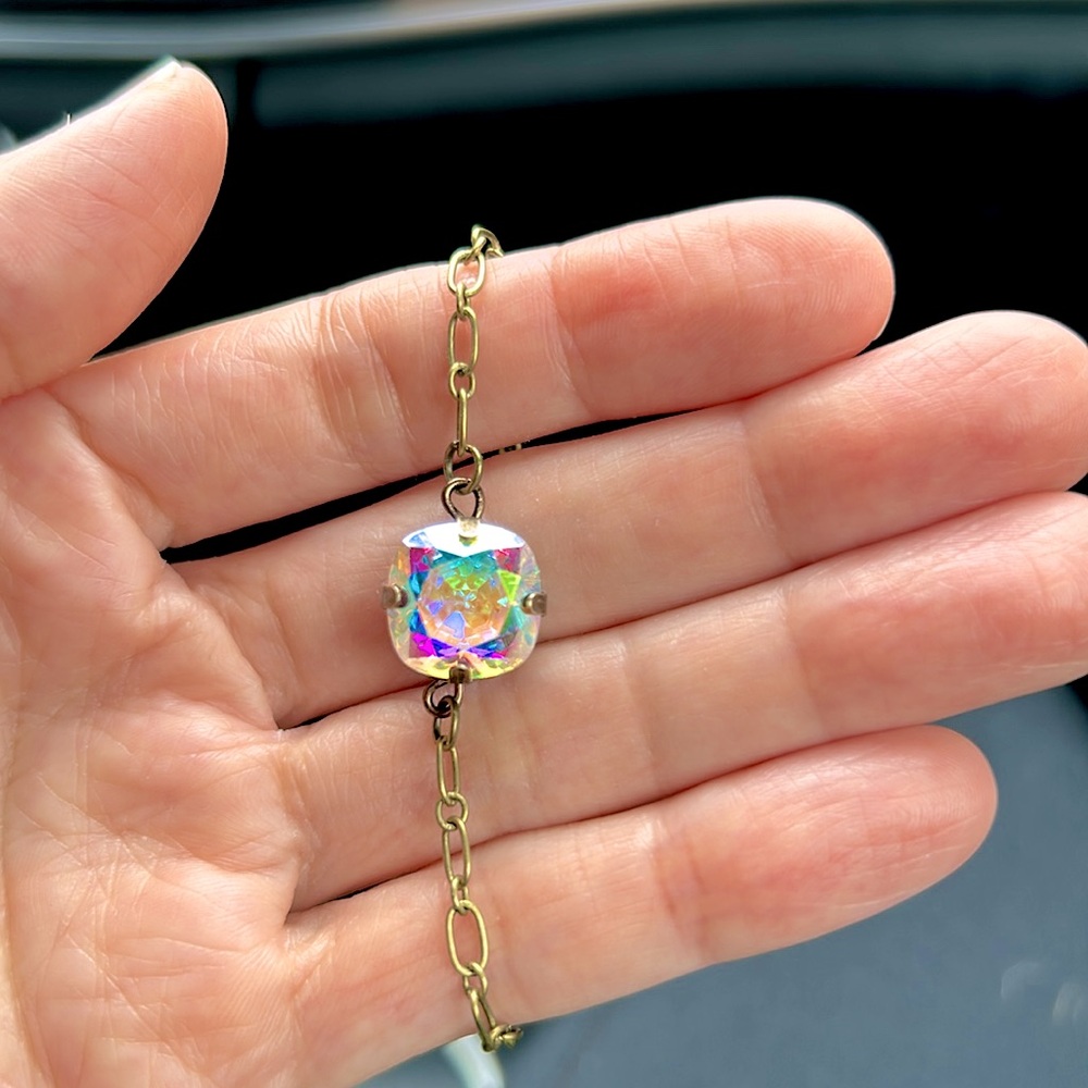 Aurora Borealis Cushion Cut Antique Brass Crystal Bracelet - Picture 6 of 11